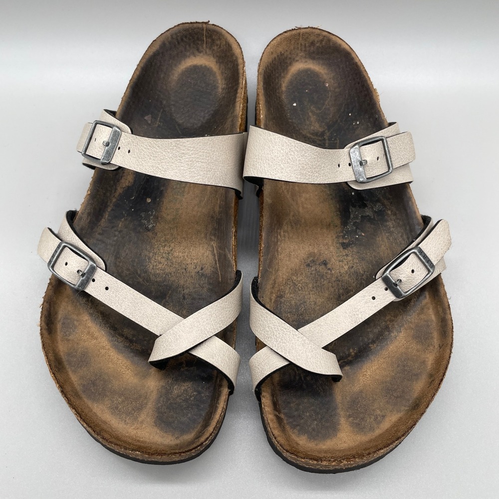 Birkenstock Mayari Sandals Womens 38 Cream White Birko-Flor Toe Loop Strappy